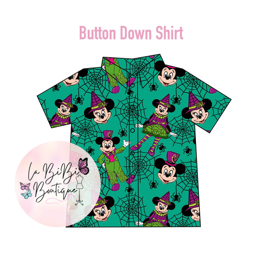 Halloween Mouse Button Down - Green